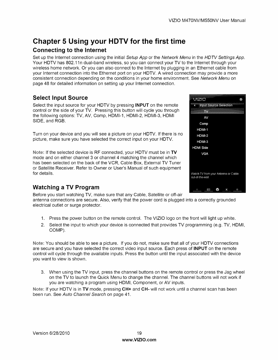 Connecting to the internet, Select input source, Watching a tv program | Chapter 5 using your hdtv for the first time | Vizio M470NV User Manual | Page 19 / 64