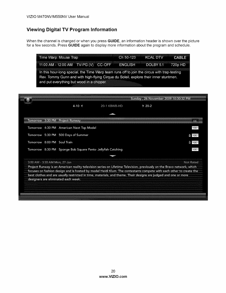 Viewing digitai tv program information, Viewing digital tv program information | Vizio M470NV User Manual | Page 20 / 64