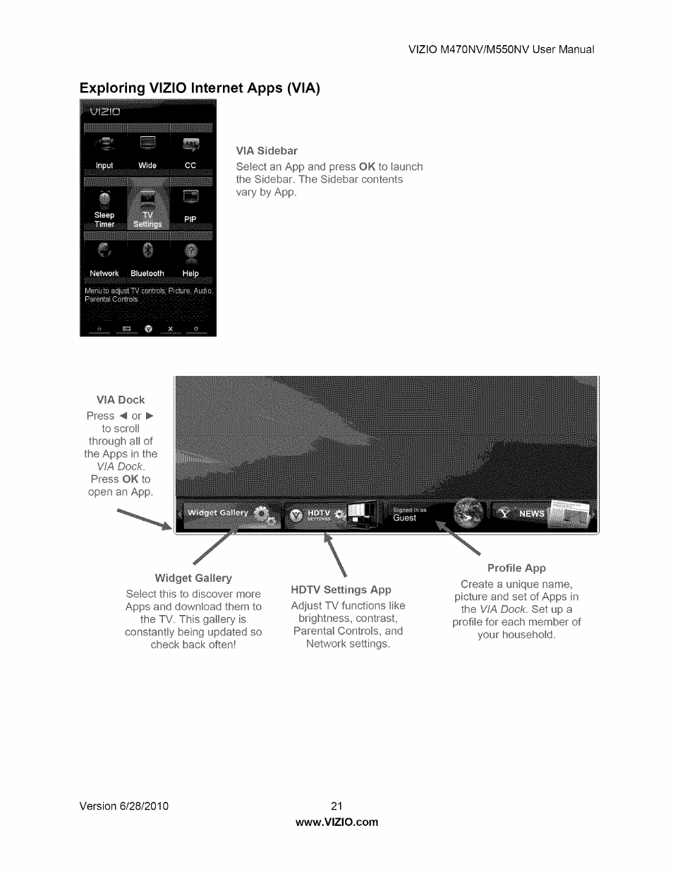 Exploring vizio internet apps (via), Exploring vizic internet apps (via) | Vizio M470NV User Manual | Page 21 / 64