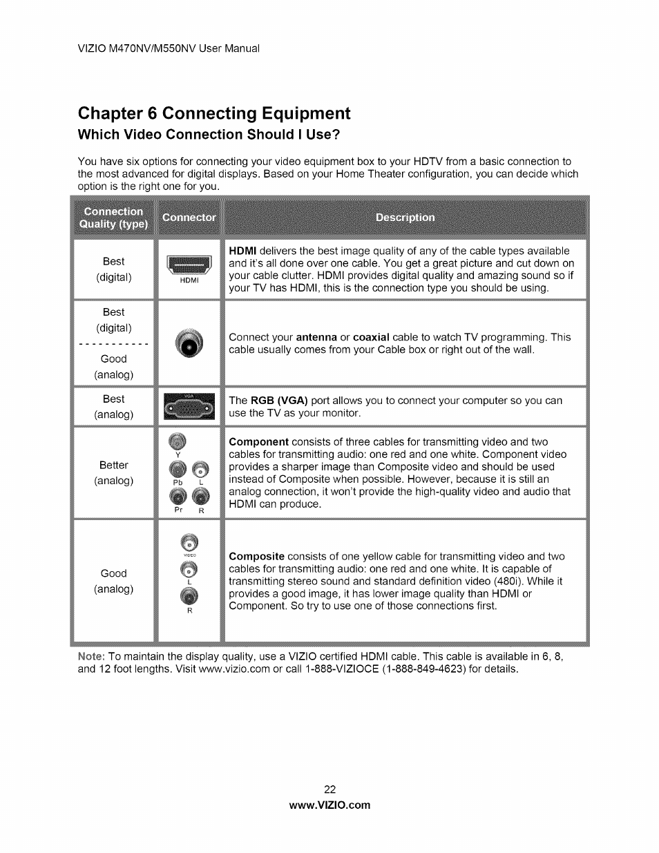 Chapter 6 connecting equipment, Which video connection shouid i use, Which video connection should i use | Vizio M470NV User Manual | Page 22 / 64