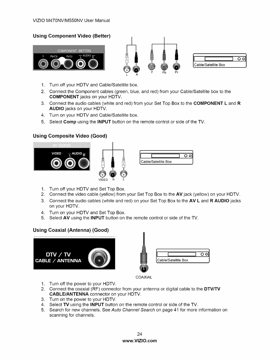 Using composite video (good), Using coaxial (antenna) (good) | Vizio M470NV User Manual | Page 24 / 64