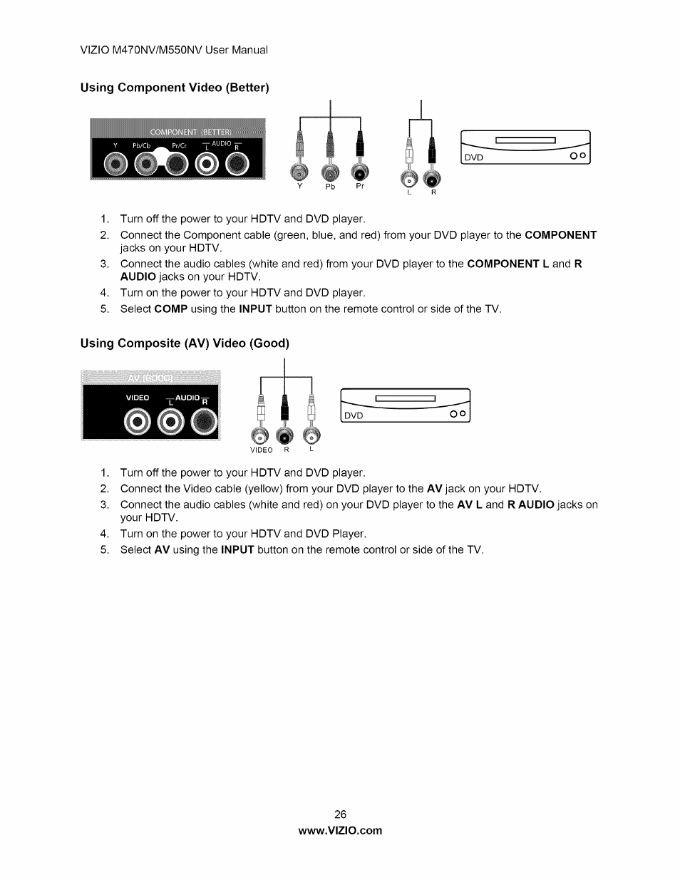 Using component video (better), Using composite (av) video (good) | Vizio M470NV User Manual | Page 26 / 64
