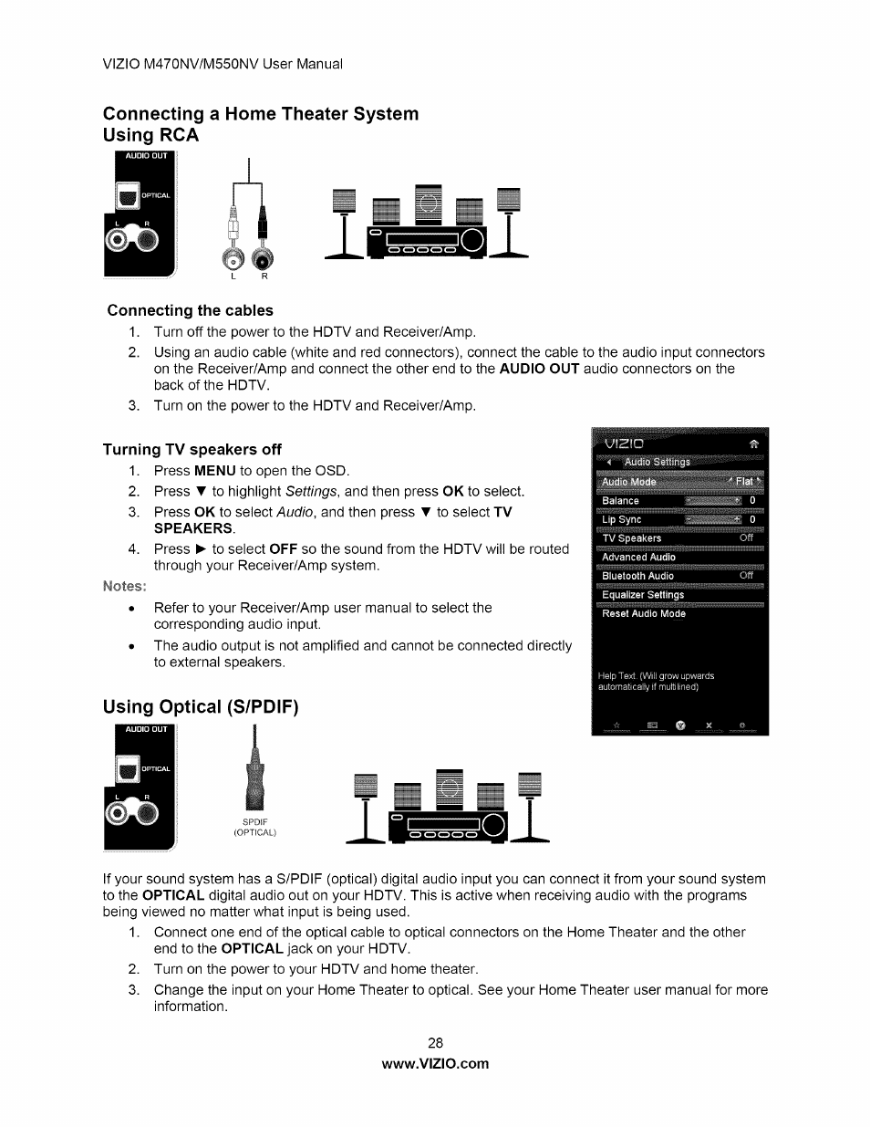 Connecting a home theater system using rca, Connecting the cables, Turning tv speakers off | Using opticai (s/pdif), Connecting a home theater system, Connecting the cables turning tv speakers off, Using optical (s/pdif) | Vizio M470NV User Manual | Page 28 / 64