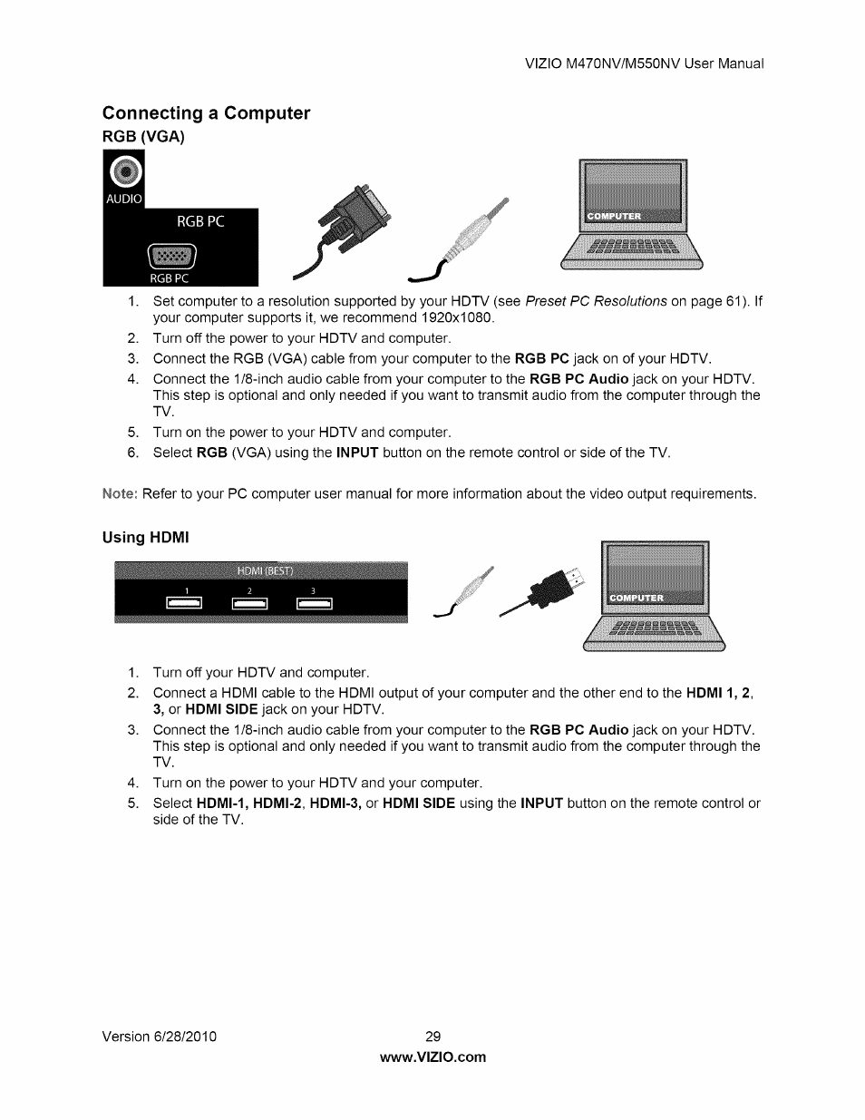 Connecting a computer, Rgb (vga), Using homi | Rgb (vga) using hdmi | Vizio M470NV User Manual | Page 29 / 64