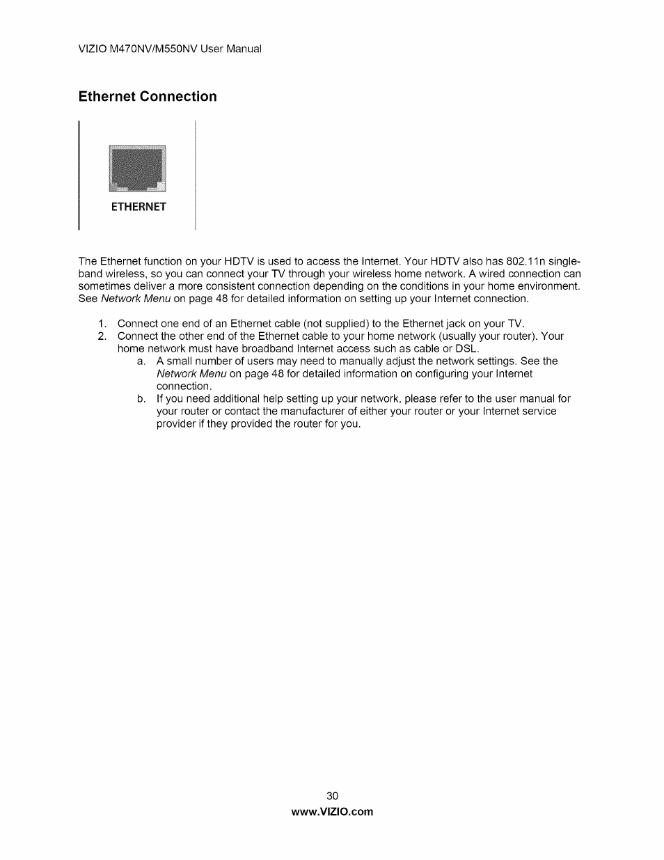 Ethernet connection | Vizio M470NV User Manual | Page 30 / 64