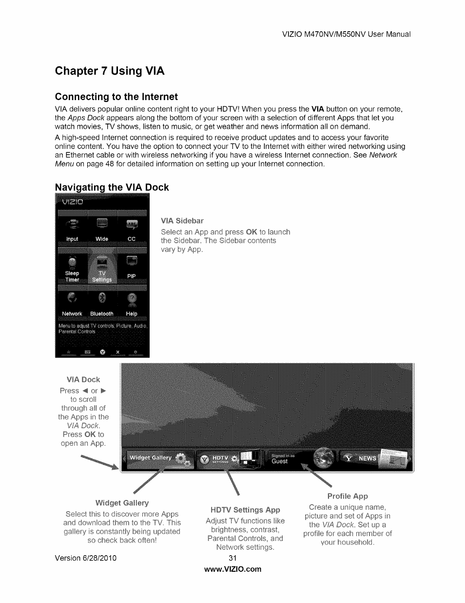 Connecting to the internet, Chapter 7 using via, Naviqatinq the via dock | Vizio M470NV User Manual | Page 31 / 64