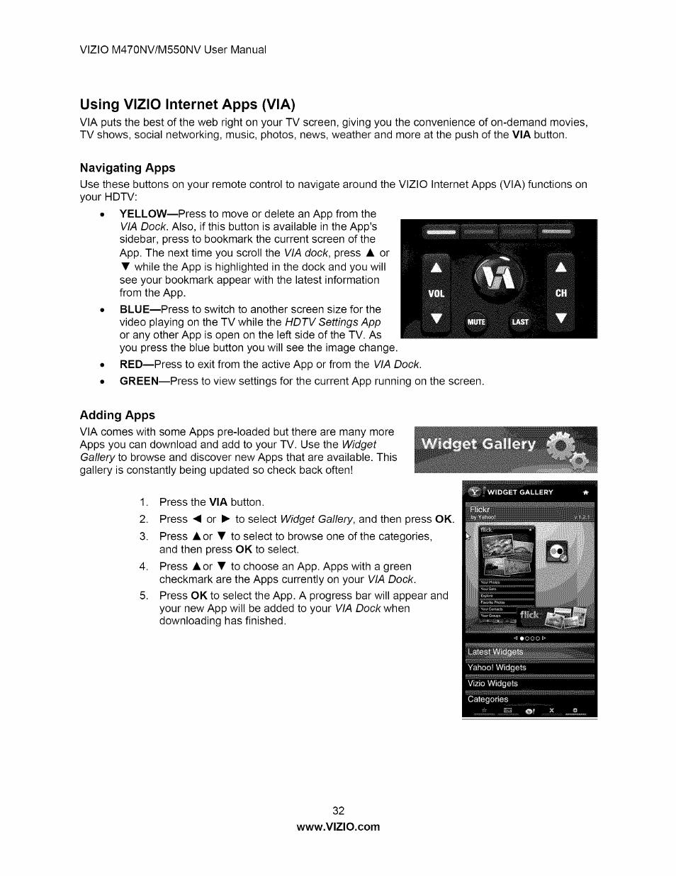 Using vizio internet apps (via), Navigating apps, Adding apps | Vizio M470NV User Manual | Page 32 / 64