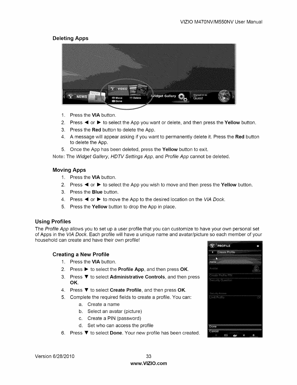 Deleting apps, Moving apps, Using profiles | Creating a new profile | Vizio M470NV User Manual | Page 33 / 64