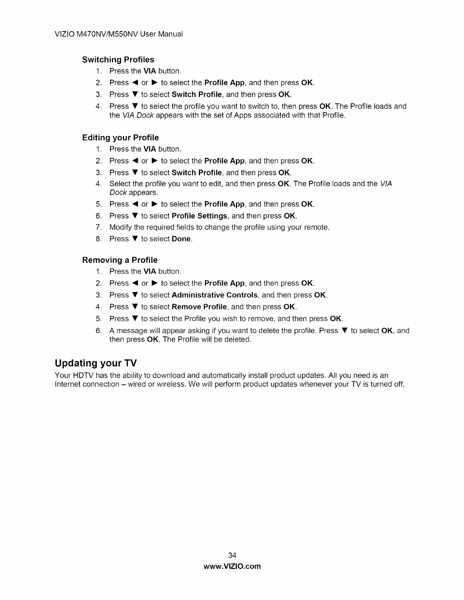 Switching profiles, Editing your profile, Removing a profile | Updating your tv | Vizio M470NV User Manual | Page 34 / 64