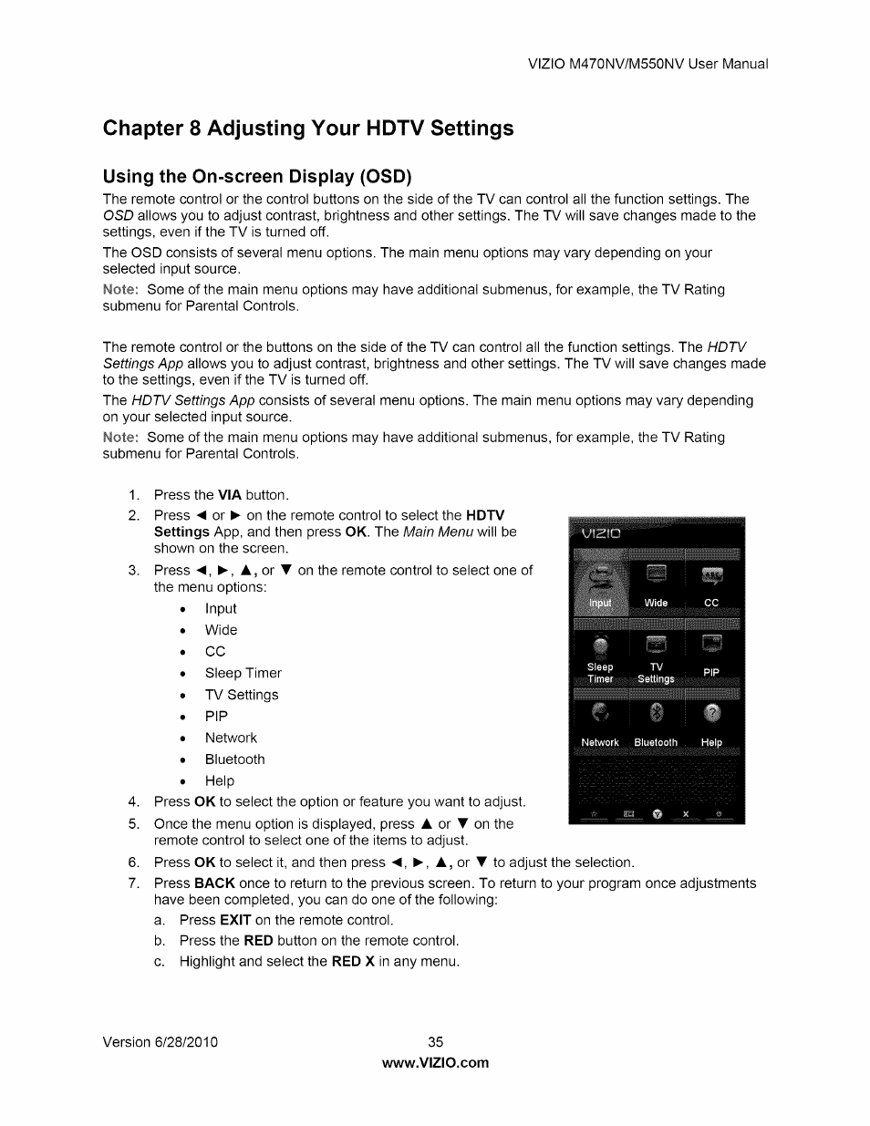 Using the on-screen display (osd), Chapter 8 adjusting your hdtv settings | Vizio M470NV User Manual | Page 35 / 64