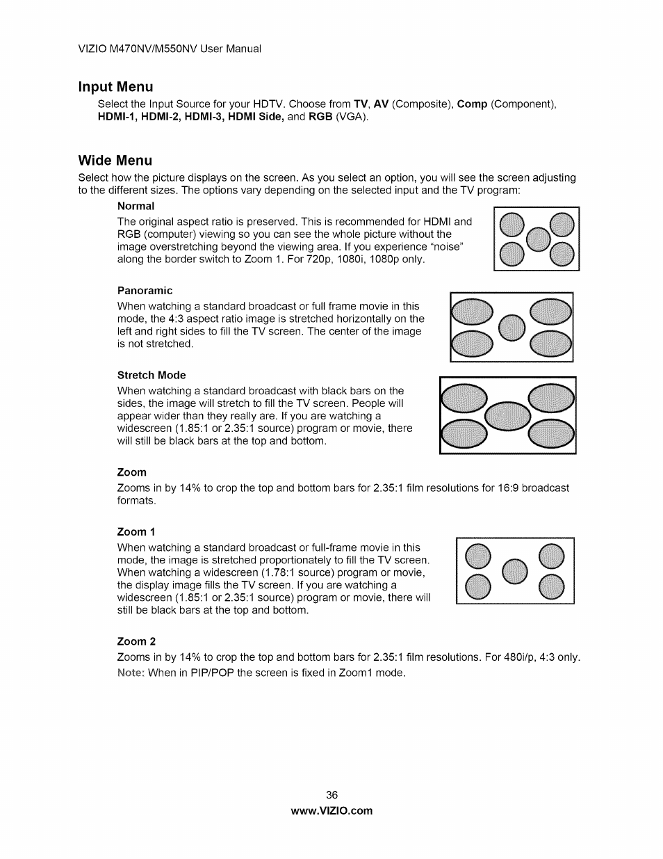 Input menu, Wide menu | Vizio M470NV User Manual | Page 36 / 64