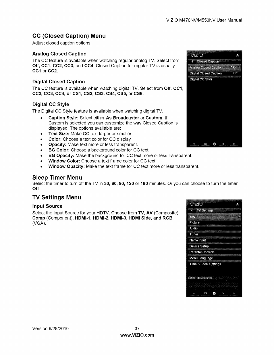 Cc (closed caption) menu, Analog closed caption, Digital closed caption | Digital cc style, Sleep timer menu, Tv settings menu, Digital closed caption digital cc style, Sleep timer menu tv settings menu | Vizio M470NV User Manual | Page 37 / 64