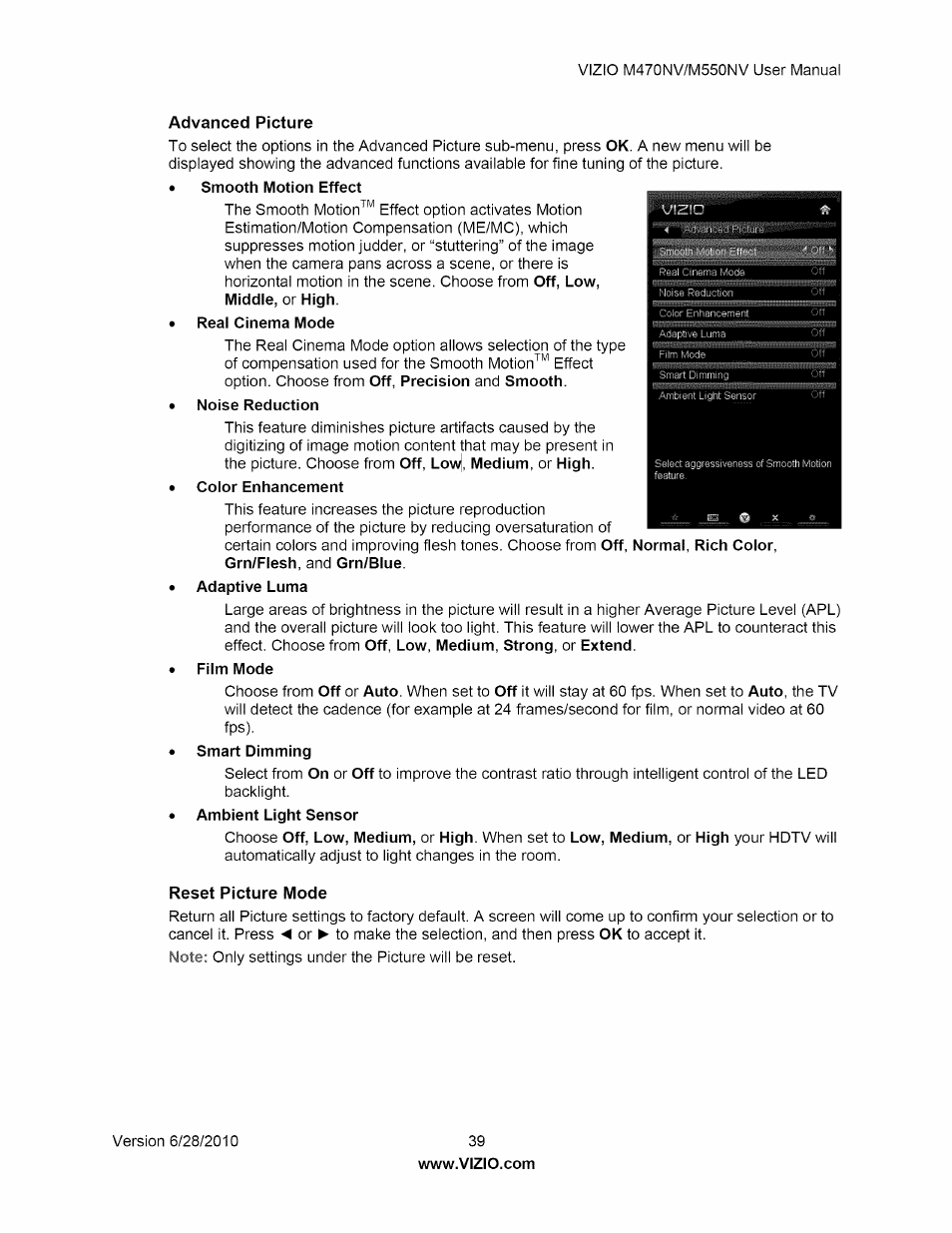 Advanced picture, Reset picture mode | Vizio M470NV User Manual | Page 39 / 64