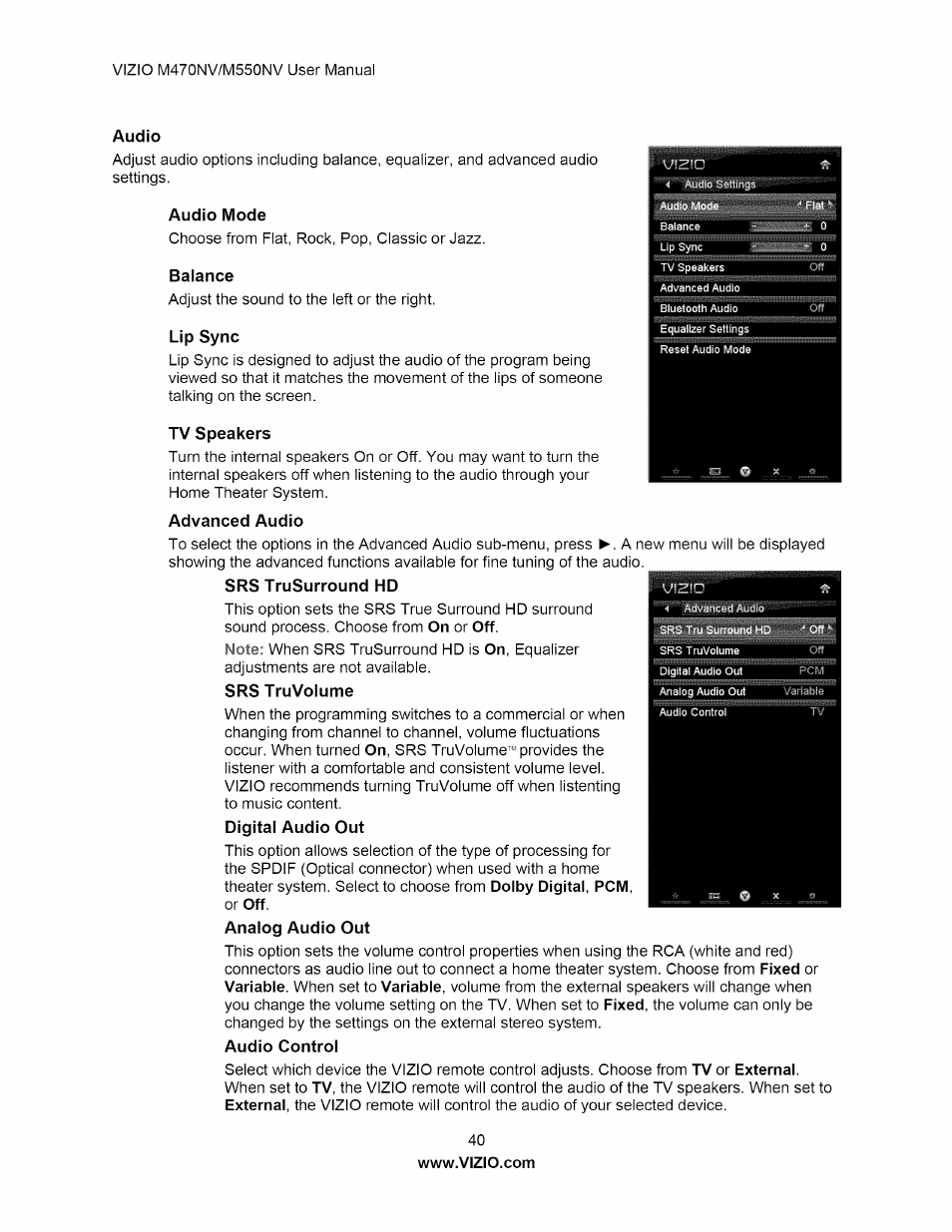 Audio, Audio mode, Balance | Lip sync, Tv speakers, Advanced audio | Vizio M470NV User Manual | Page 40 / 64