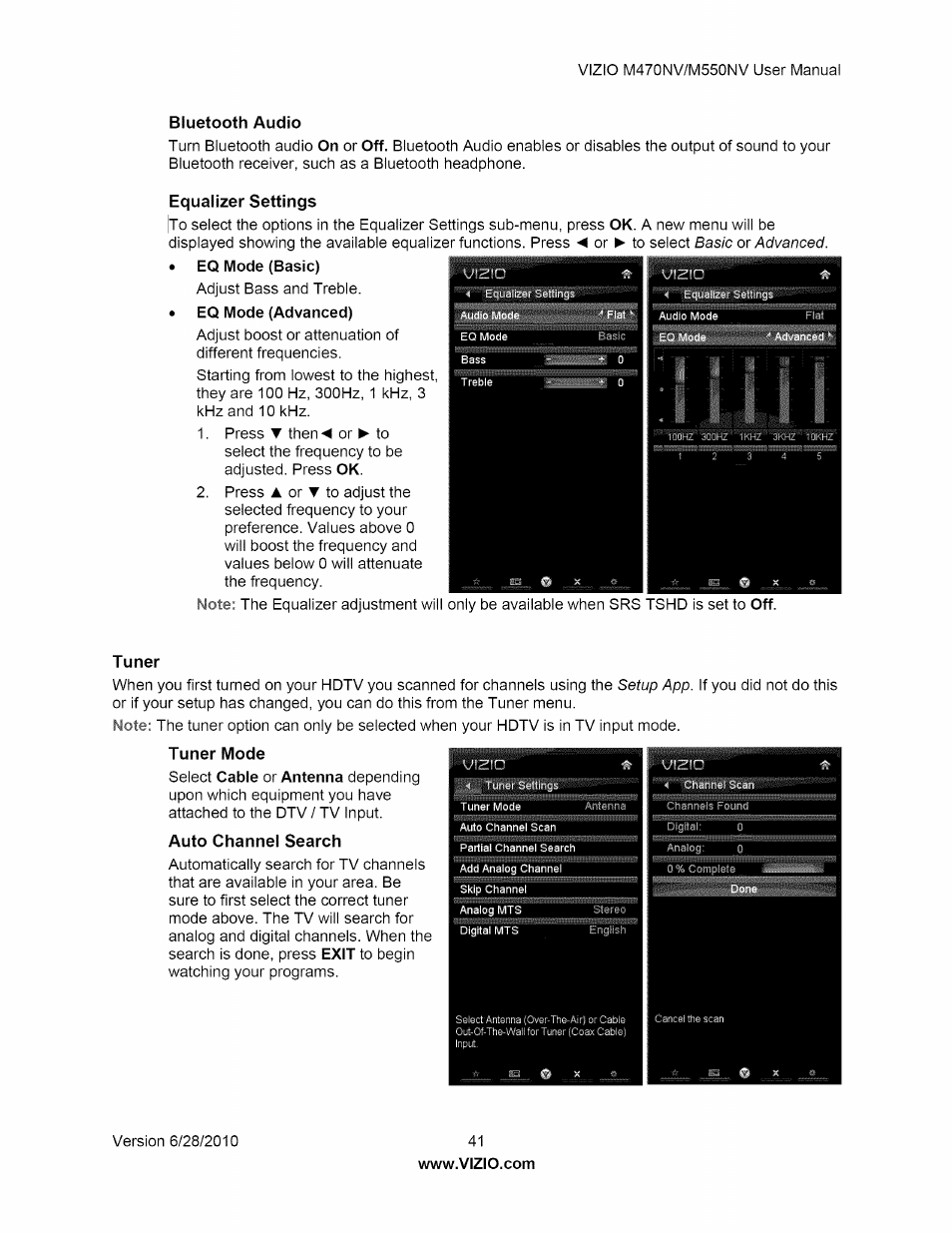 Bluetooth audio, Equalizer settings, Tuner | Tuner mode, Auto channel search | Vizio M470NV User Manual | Page 41 / 64