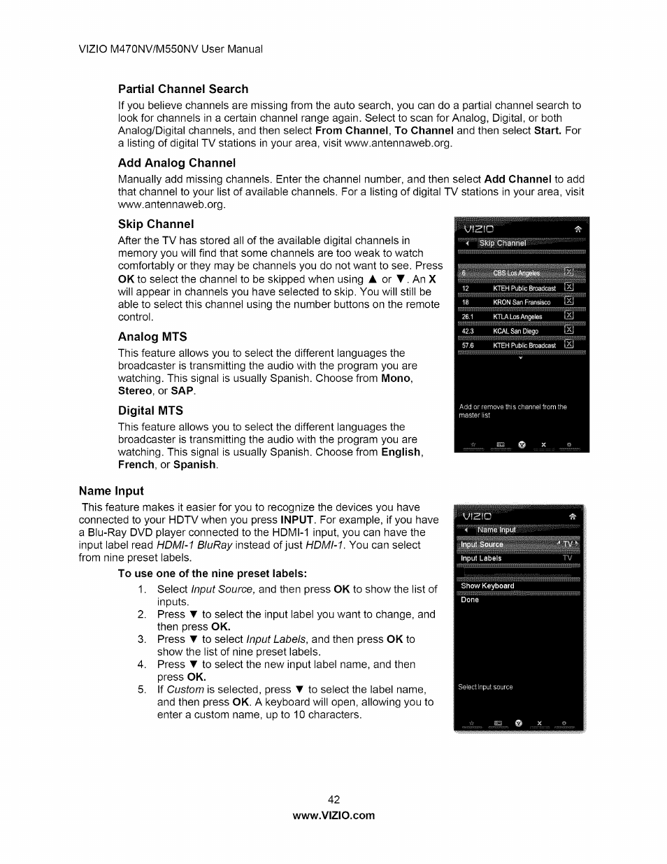 Partial channel search, Name input | Vizio M470NV User Manual | Page 42 / 64