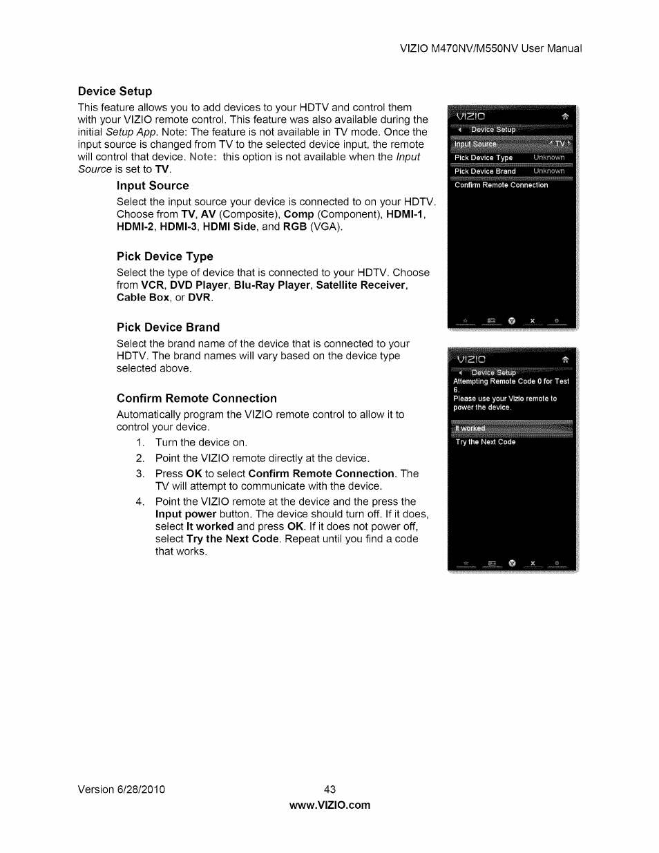 Device setup, Pick device type, Pick device brand | Confirm remote connection | Vizio M470NV User Manual | Page 43 / 64