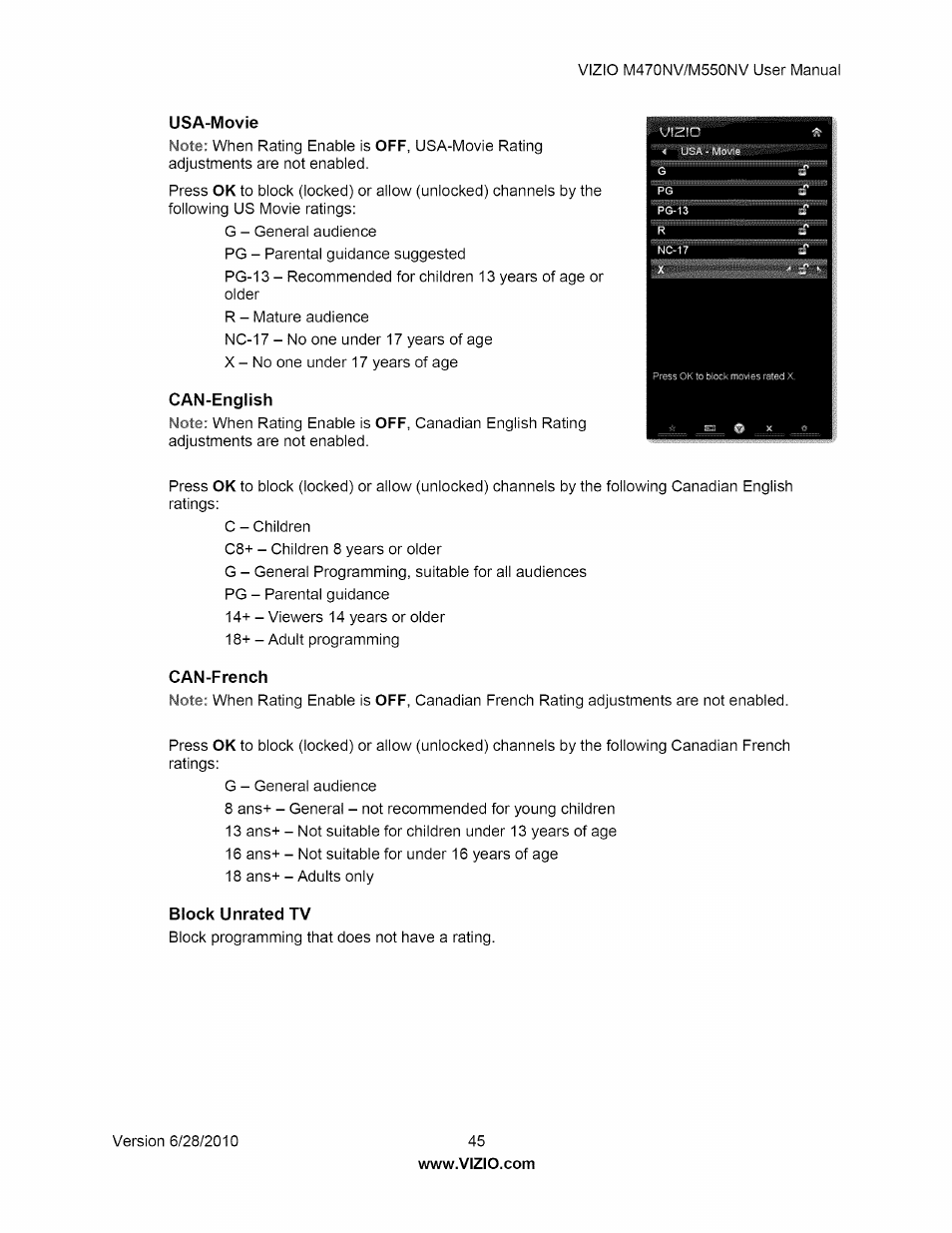 Usa-movie, Can-english, Can-french | Block unrated tv | Vizio M470NV User Manual | Page 45 / 64