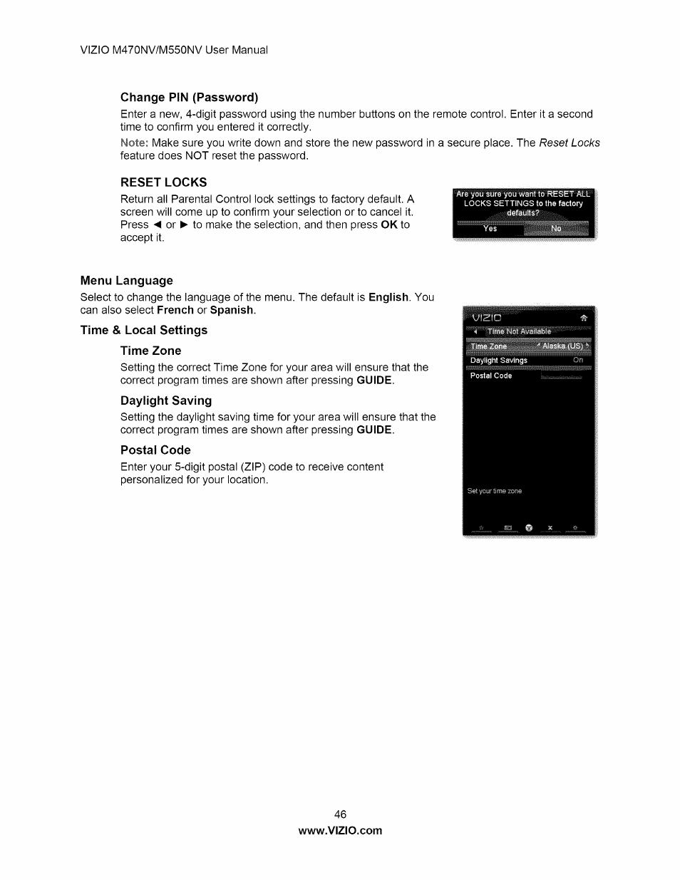 Change pin (password), Reset locks, Menu language | Time zone, Postal code, Mishlbills | Vizio M470NV User Manual | Page 46 / 64