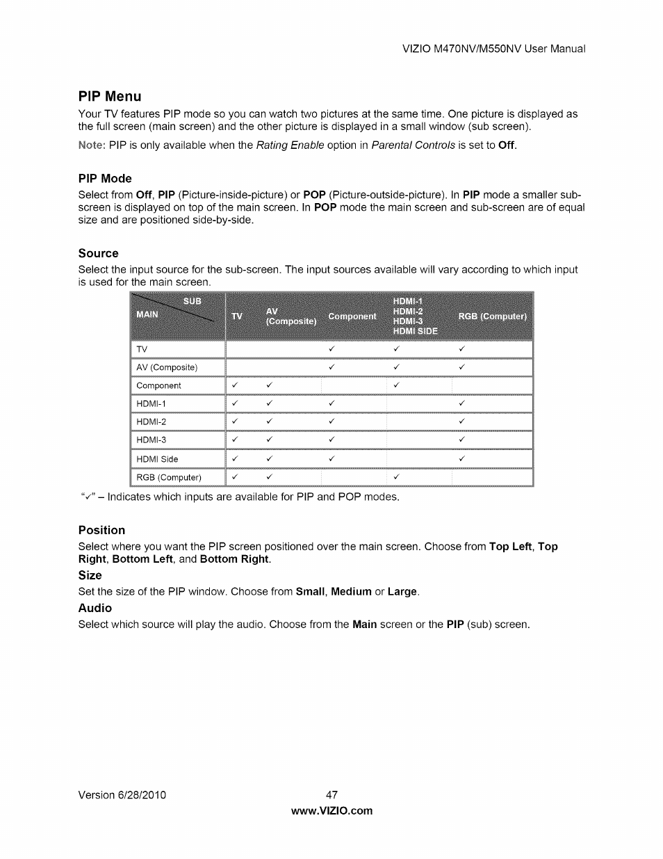 Pip menu, Pip mode, Source | Position, Pip mode source position | Vizio M470NV User Manual | Page 47 / 64