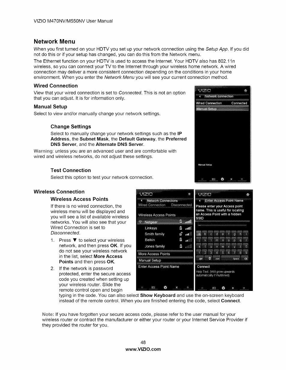Network menu, Wired connection, Change settings | Test connection, Wireless connection | Vizio M470NV User Manual | Page 48 / 64