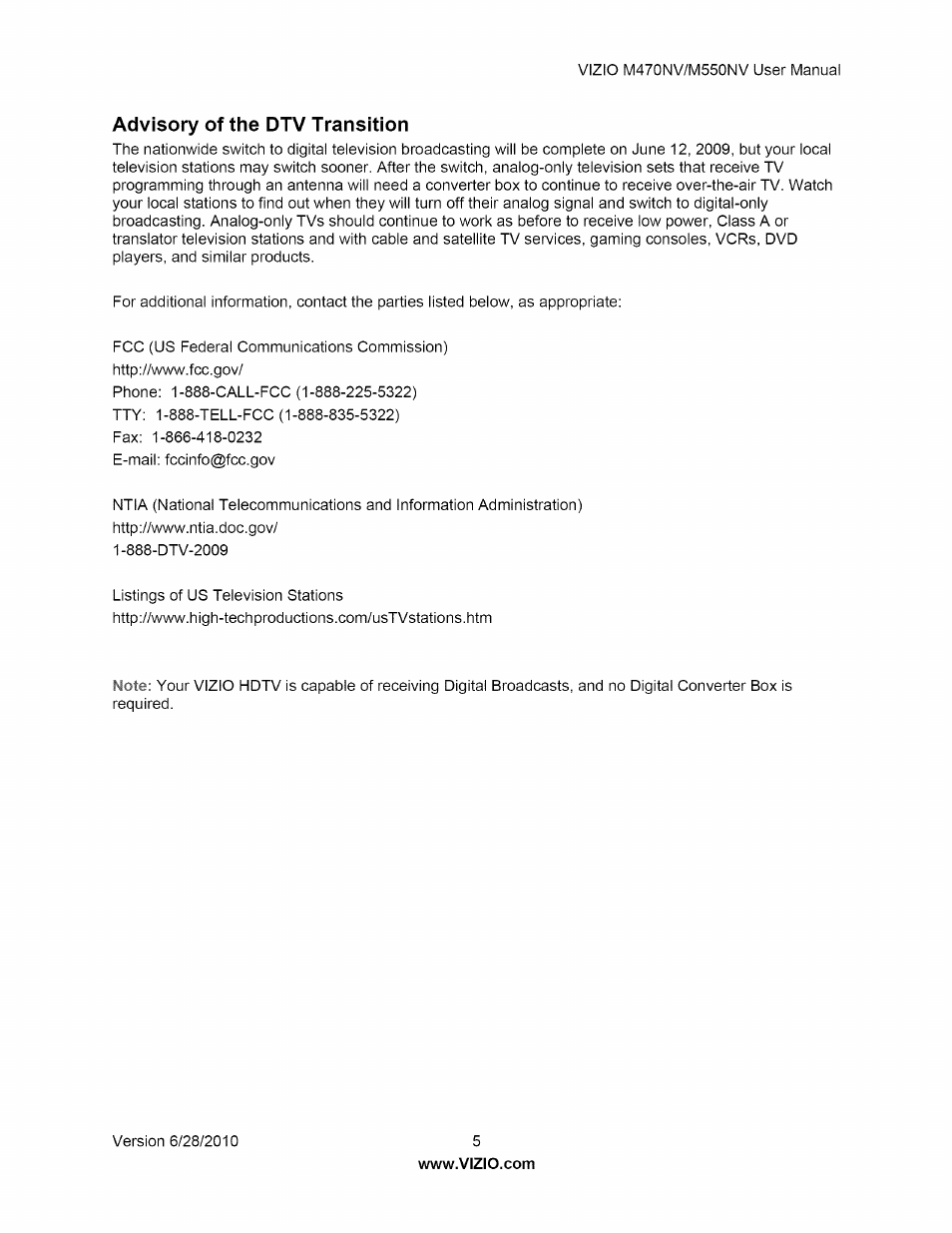 Advisory of the dtv transition | Vizio M470NV User Manual | Page 5 / 64