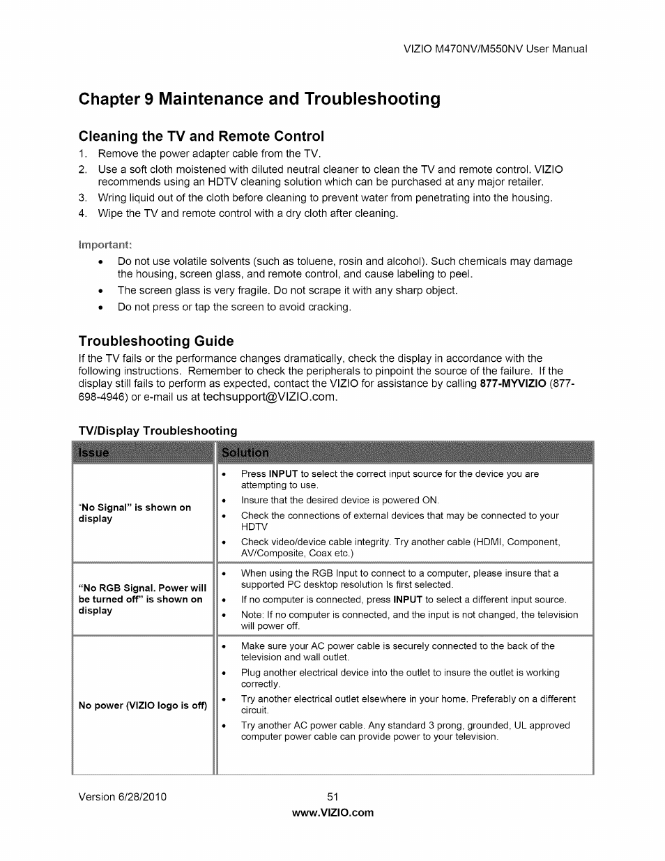Chapters maintenance and troubleshooting, Cleaning the tv and remote control, Troubleshooting guide | Tv/display troubleshooting issue solution, Chapter 9 maintenance and troubleshooting | Vizio M470NV User Manual | Page 51 / 64