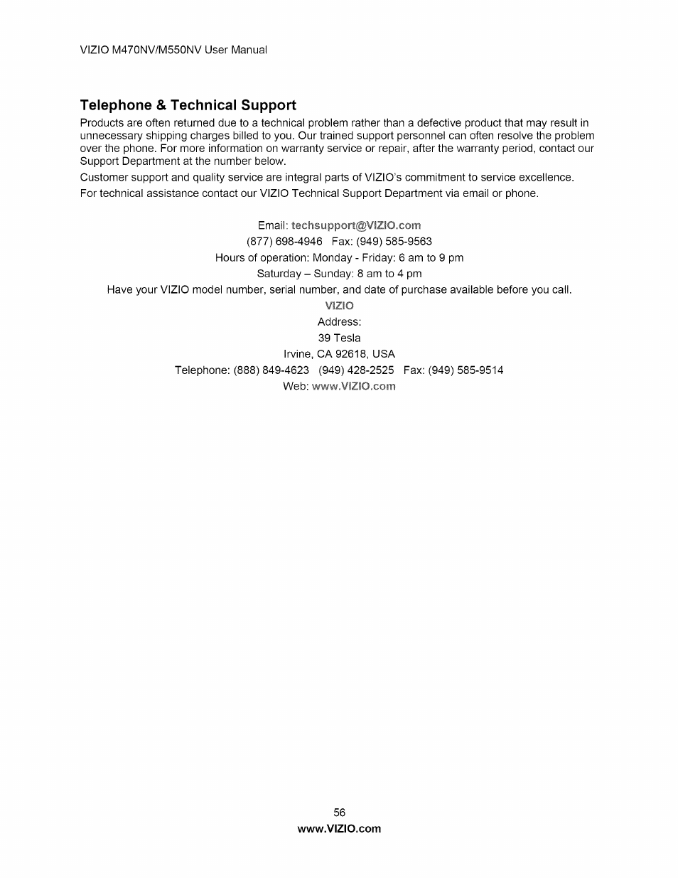 Telephone & technical support | Vizio M470NV User Manual | Page 56 / 64