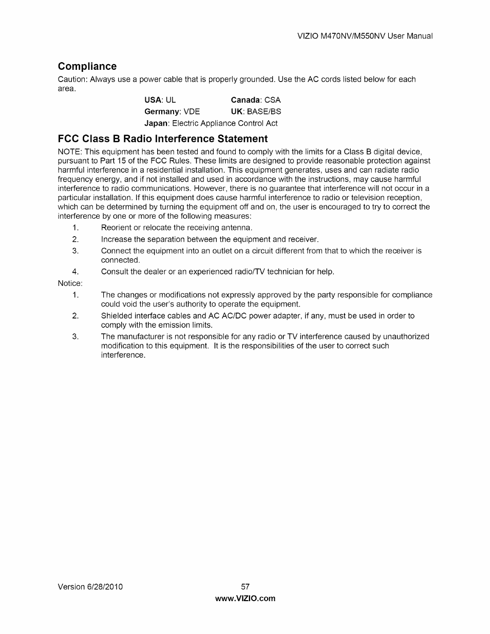 Compliance, Fcc class b radio interference statement | Vizio M470NV User Manual | Page 57 / 64