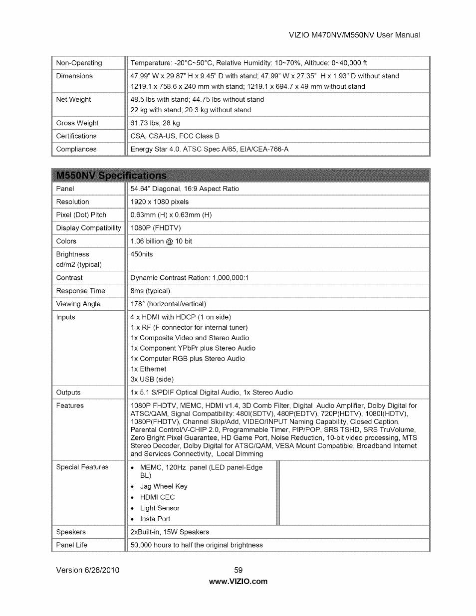 M550nv specifications | Vizio M470NV User Manual | Page 59 / 64