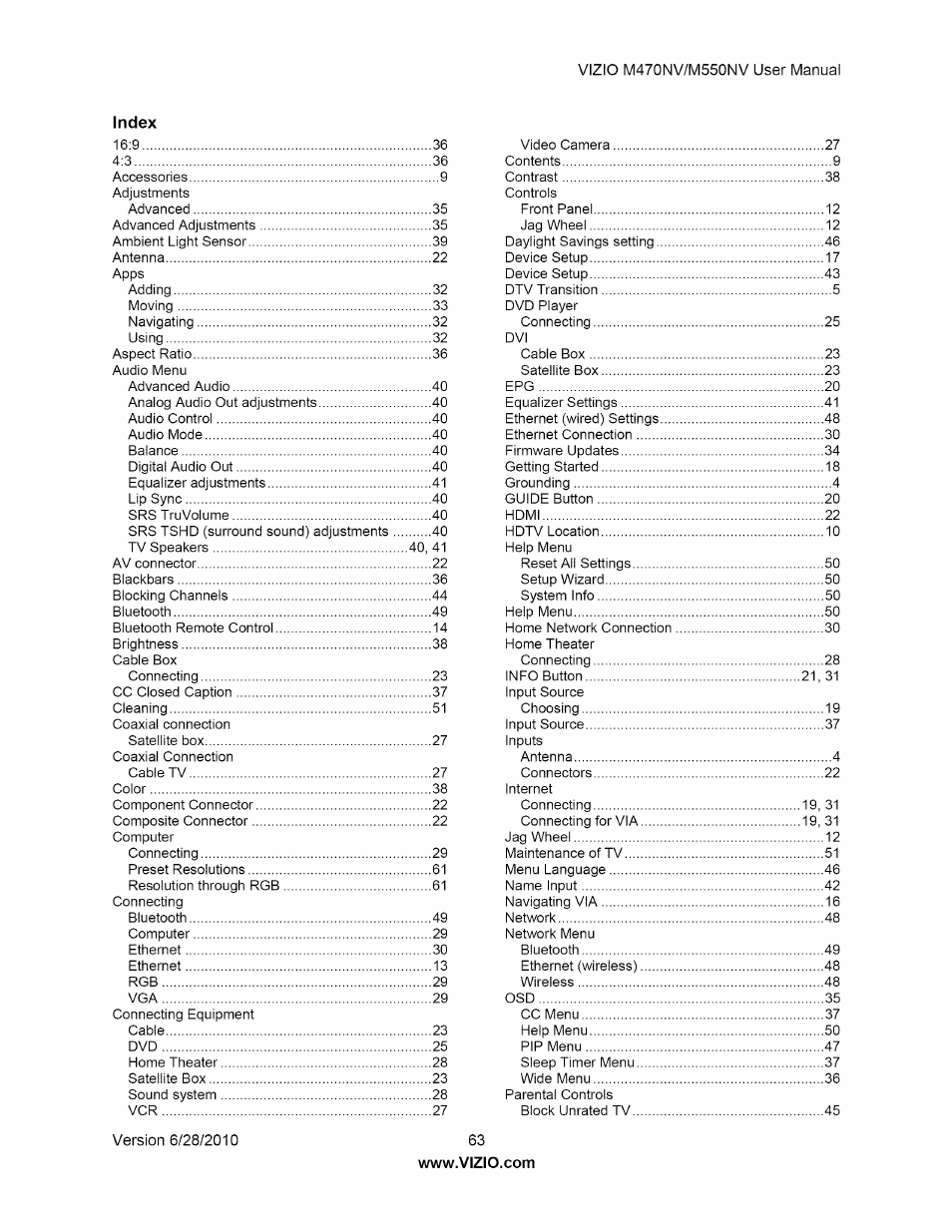 Index | Vizio M470NV User Manual | Page 63 / 64