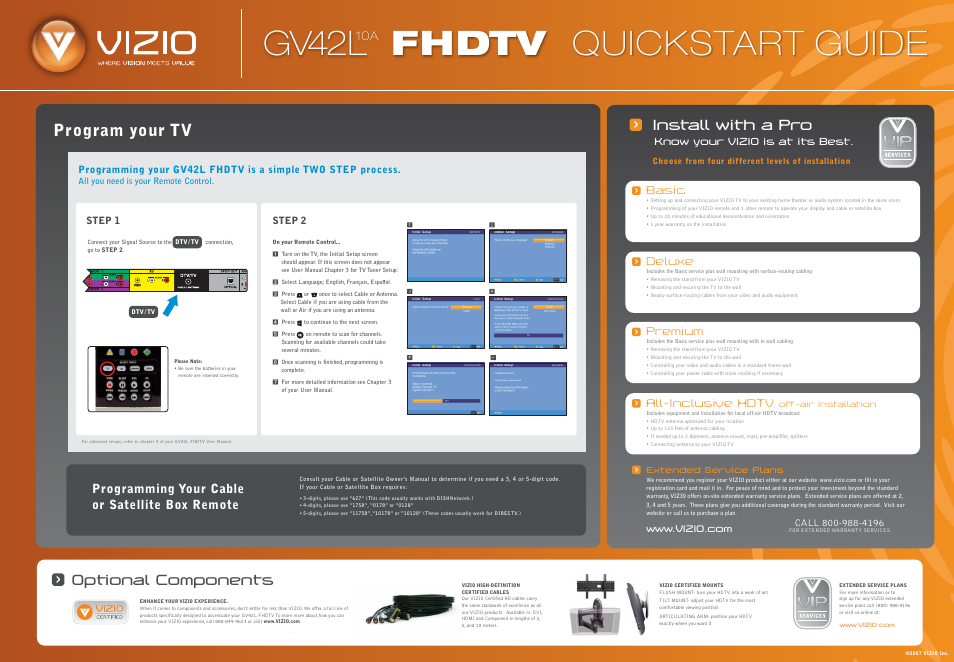 Gv42l fhdtv quickstart guide, Program your tv, Optional components | Install with a pro, Programming your cable or satellite box remote, Basic, Deluxe, Premium, All-inclusive hdtv | Vizio GV42LF User Manual | Page 2 / 2