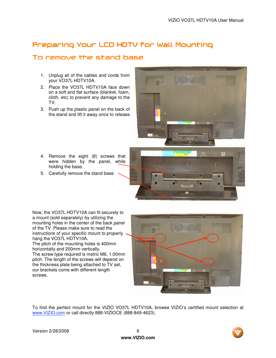 Preparing your lcd hdtv for wall mounting | Vizio VO37L User Manual | Page 6 / 76