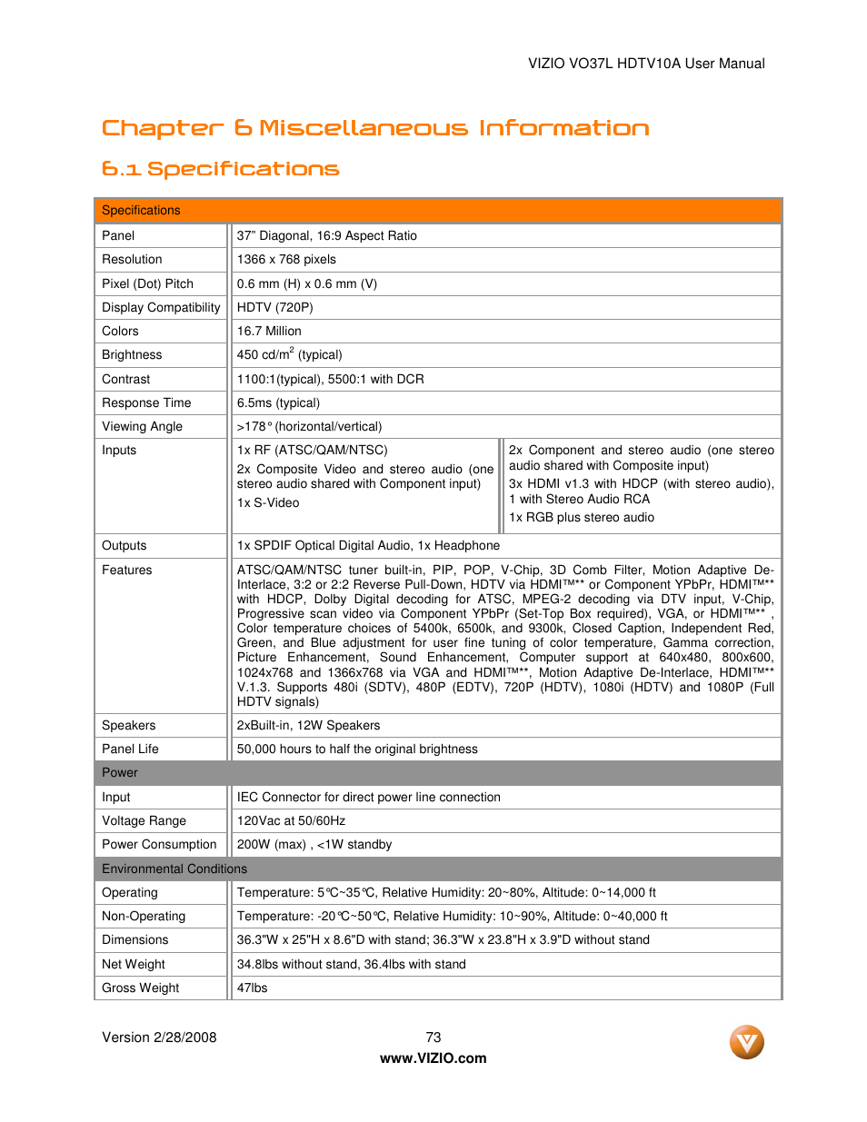 Chapter 6 | Vizio VO37L User Manual | Page 73 / 76