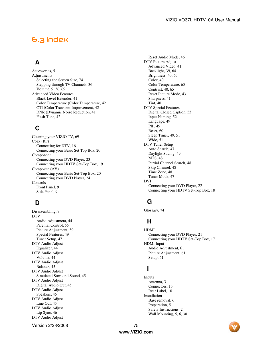 3 index index index index | Vizio VO37L User Manual | Page 75 / 76