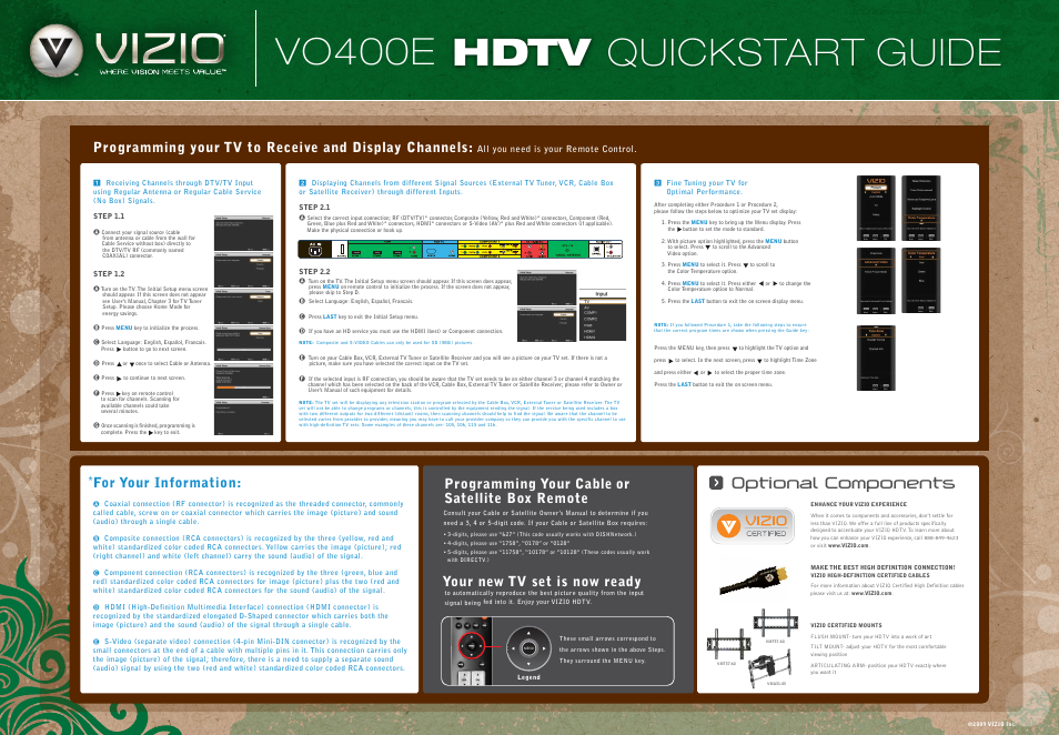 Hdtv quickstart guide, Vo400e, Optional components | Programming your cable or satellite box remote, For your information, Your new tv set is now ready | Vizio VMT37-60 User Manual | Page 2 / 2