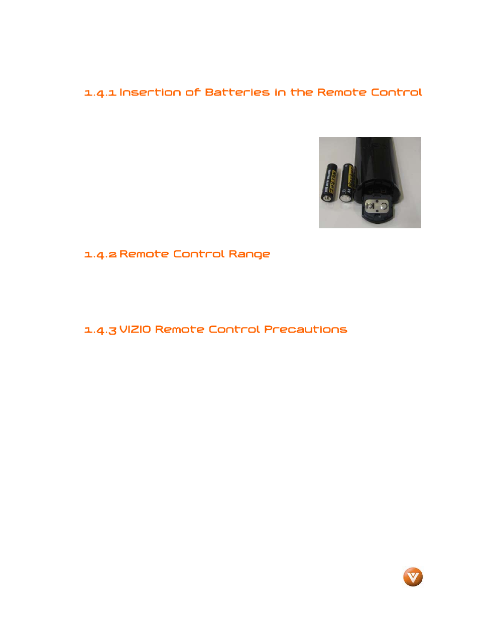 1 insertion of batteries in the remote control, 2 remote control range, 3 vizio remote control precautions | Vizio VW46L User Manual | Page 12 / 70