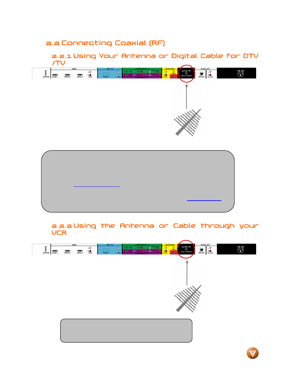 2 connecting coaxial (rf), Using your antenna or digital cable for dtv /tv, 2 using the antenna or cable through your vcr | 1 using your antenna or digital cable for dtv /tv | Vizio VW46L User Manual | Page 14 / 70