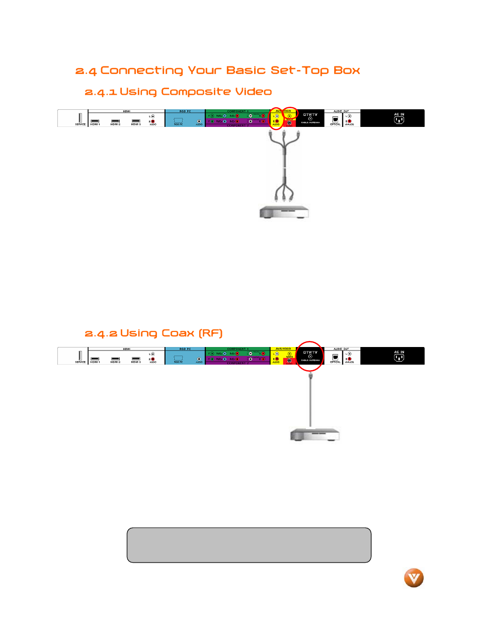 4 connecting your basic set-top box, 1 using composite video, Using coax (rf) | 2 using coax (rf) | Vizio VW46L User Manual | Page 18 / 70