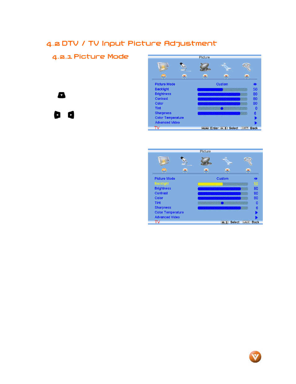 2 dtv / tv input picture adjustment, Picture mode, 1 picture mode | Vizio VW46L User Manual | Page 35 / 70