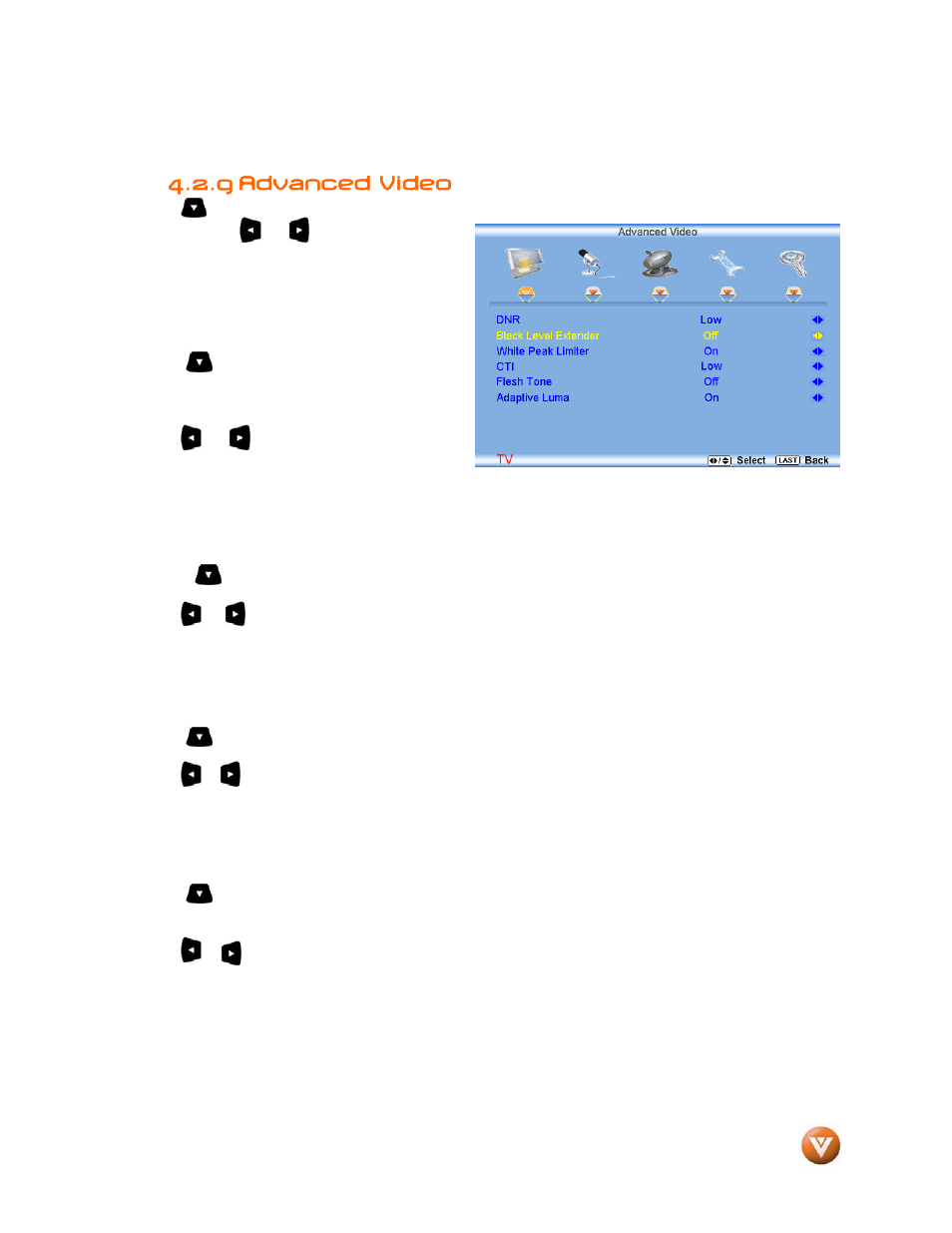 Advanced video, Black level extender, White peak limiter | 9 advanced video | Vizio VW46L User Manual | Page 39 / 70