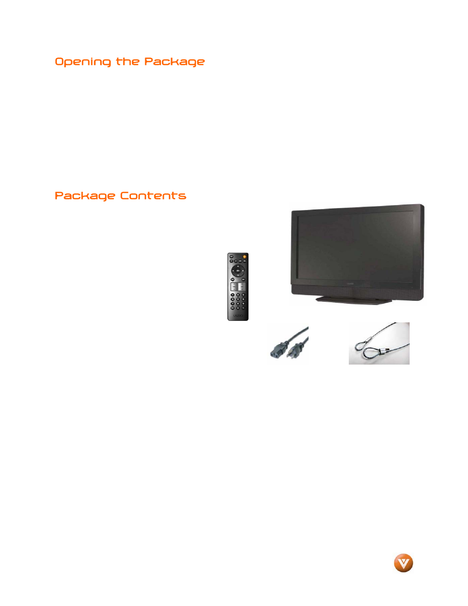 Opening the package, Package contents | Vizio VW46L User Manual | Page 4 / 70
