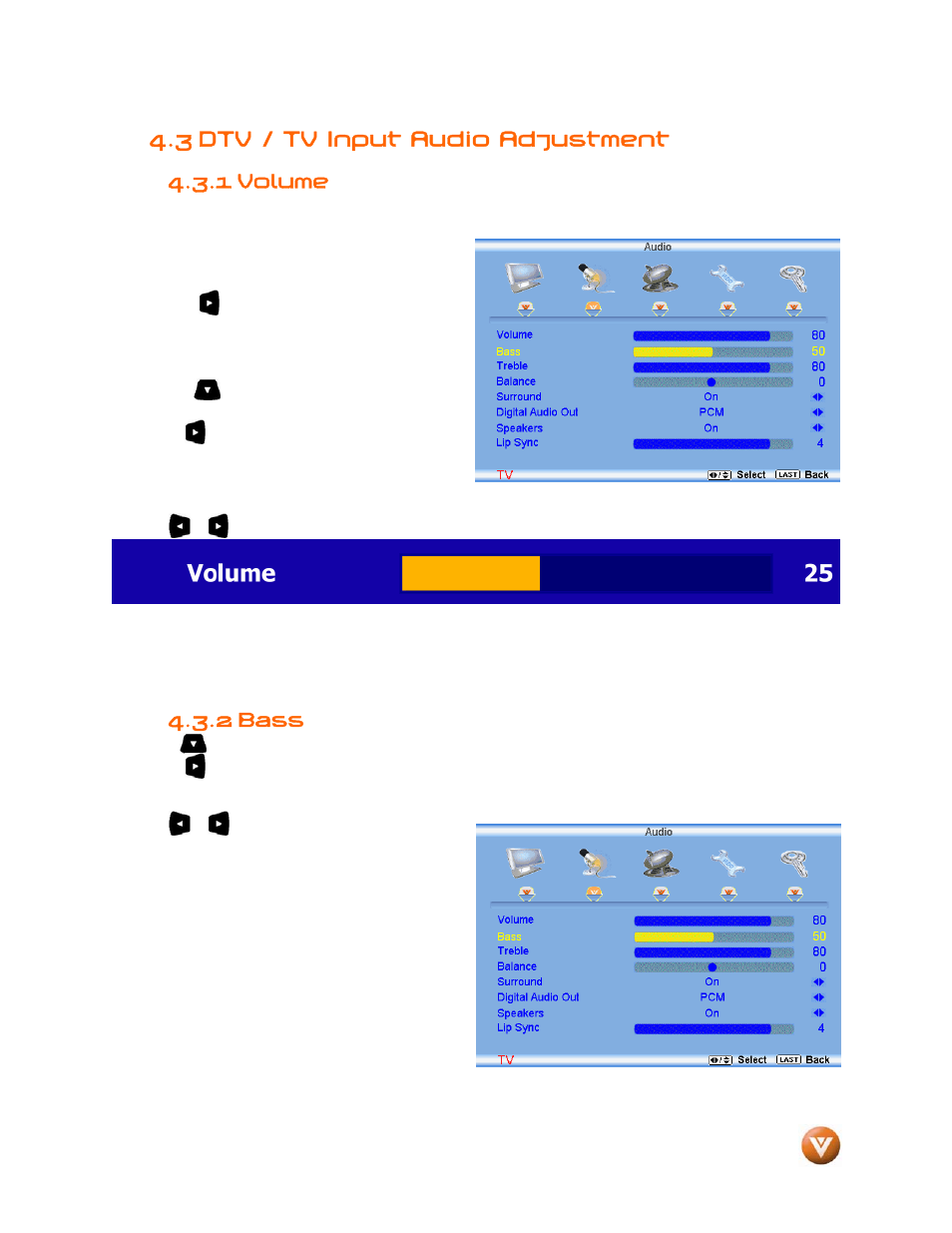 3 dtv / tv input audio adjustment, 1 volume, Bass | 2 bass | Vizio VW46L User Manual | Page 41 / 70