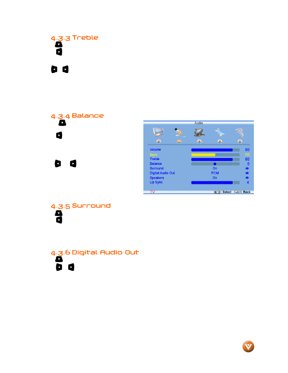Treble, Balance, Surround | Digital audio out, 3 treble, 4 balance, 5 surround, 6 digital audio out | Vizio VW46L User Manual | Page 42 / 70