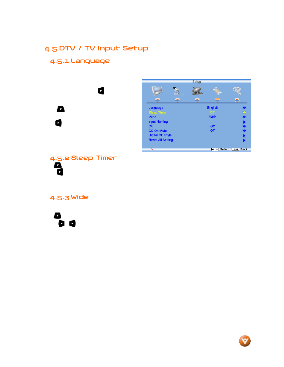 5 dtv / tv input setup, 1 language, Sleep timer | 3 wide, 2 sleep timer | Vizio VW46L User Manual | Page 46 / 70