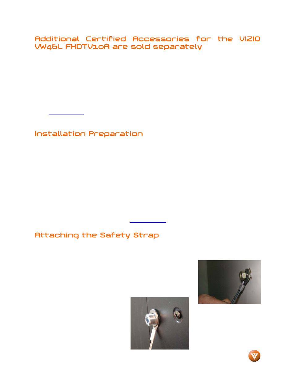 Installation preparation, Attaching the safety strap | Vizio VW46L User Manual | Page 5 / 70