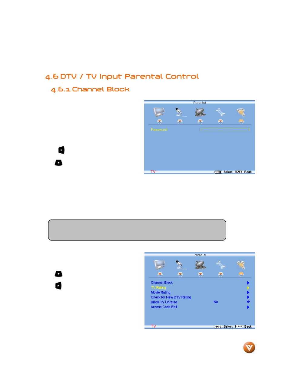 6 dtv / tv input parental control, 1 channel block | Vizio VW46L User Manual | Page 50 / 70