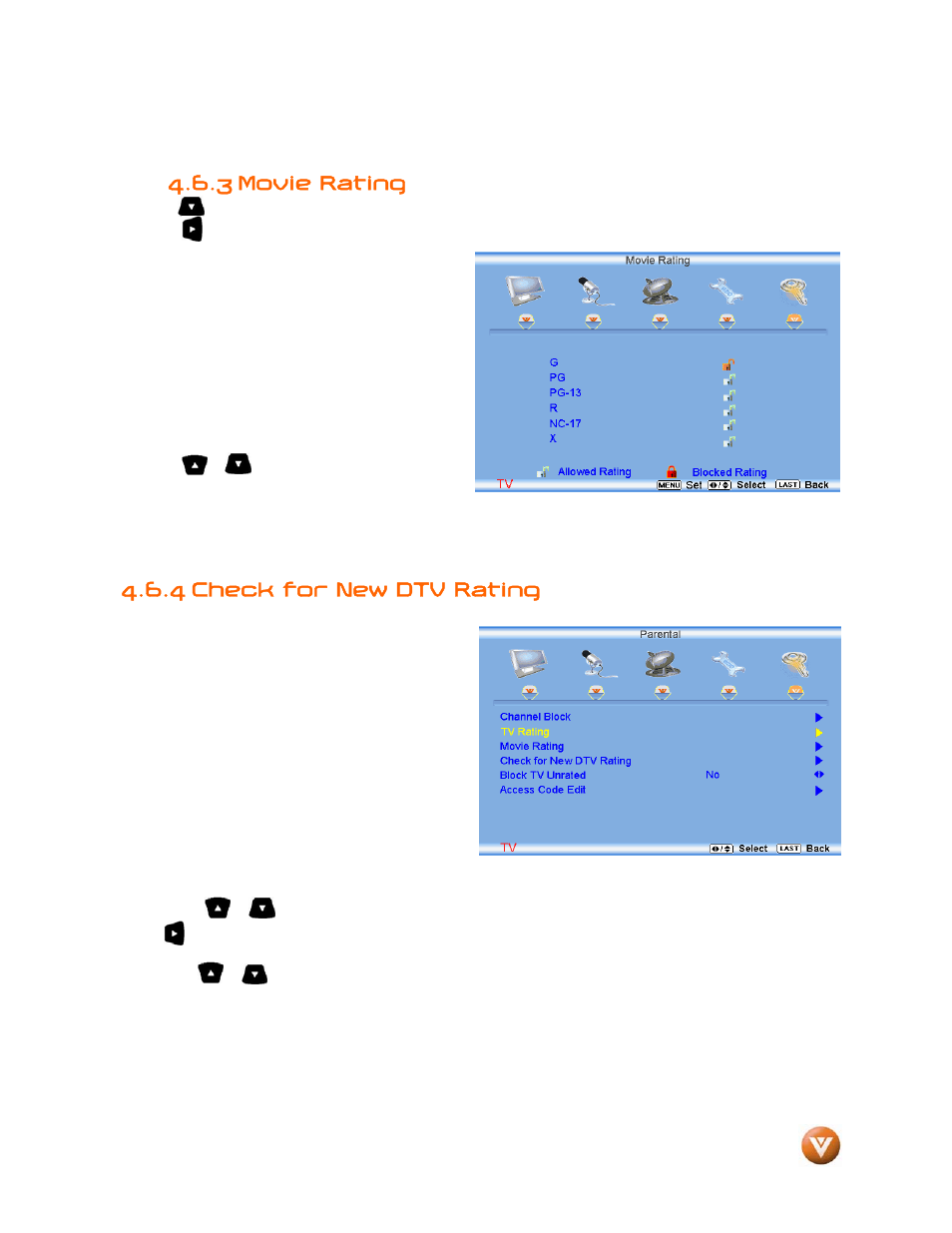 Movie rating, 4 check for new dtv rating, 3 movie rating | Vizio VW46L User Manual | Page 52 / 70
