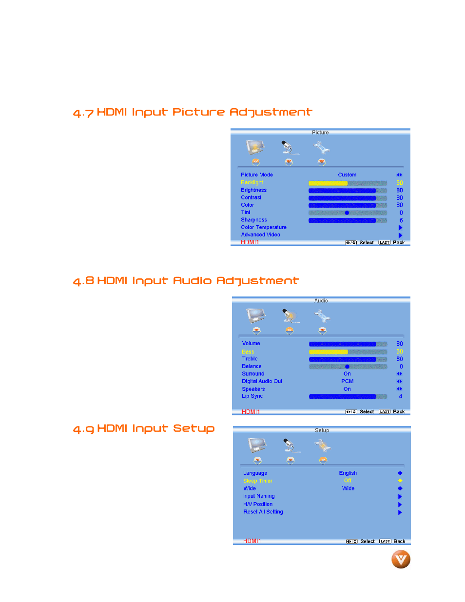 7 hdmi input picture adjustment, Hdmi input audio adjustment, Hdmi input setup | 8 hdmi input audio adjustment, 9 hdmi input setup | Vizio VW46L User Manual | Page 54 / 70