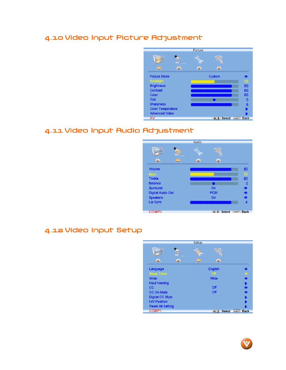 10 video input picture adjustment, 11 video input audio adjustment, 12 video input setup | Vizio VW46L User Manual | Page 55 / 70